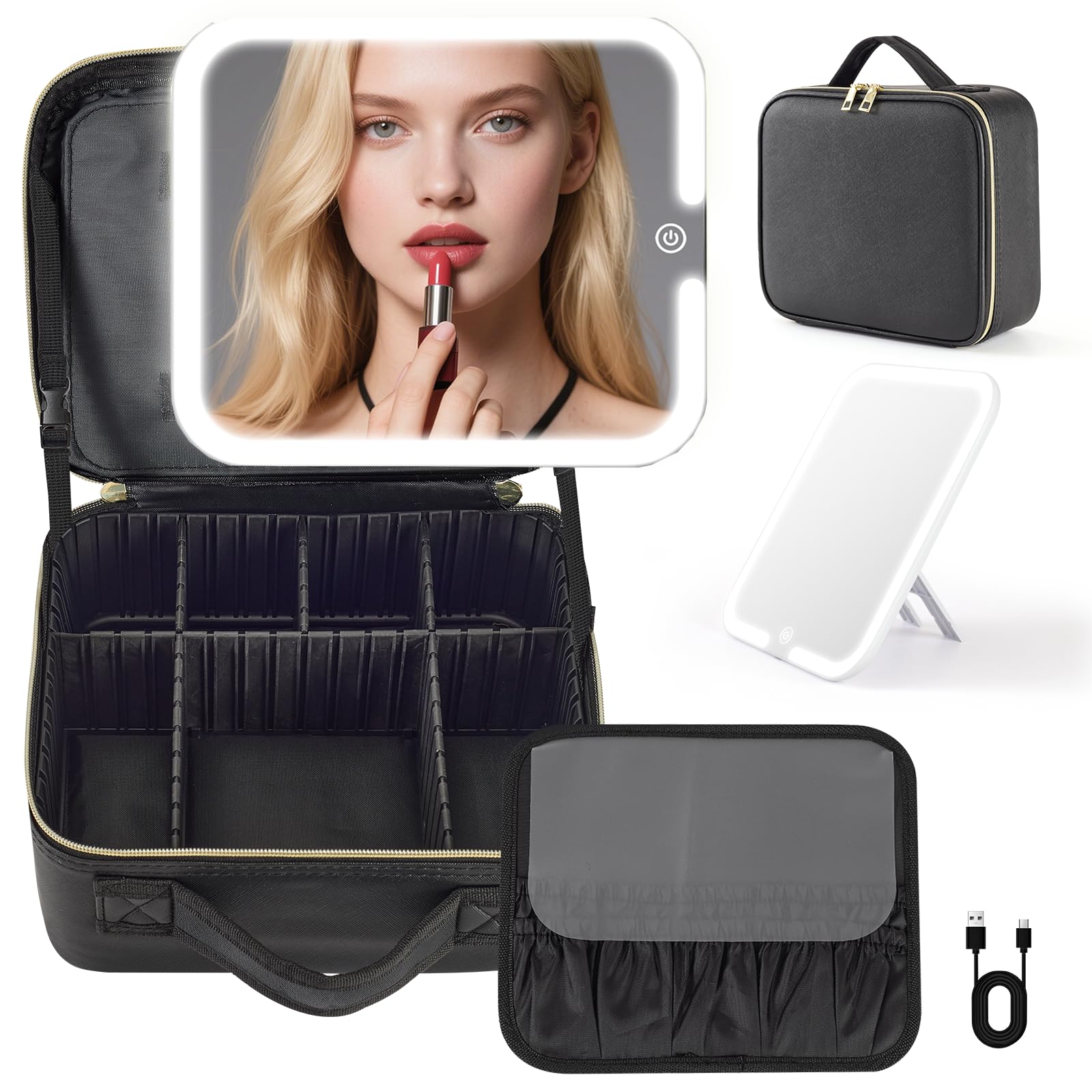 Makeup Box with Cosmetic Storage Cosmetic Adjustable Adjustable LED Makeup Brush Large Freestanding Mirror, Box, Case, Dividers, 3-Color Light, Case,
Makeup Box with Cosmetic Storage Cosmetic Adjustable Adjustable LED Makeup Brush Large Freestanding Mirror, Box, Case, Dividers, 3-Color Light, Case,