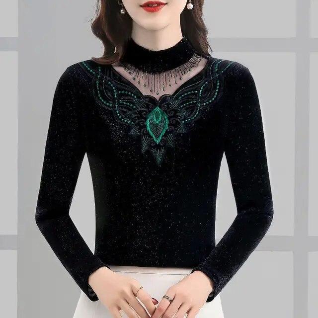 Осень-зима, новые кружевные футболки, сетчатая рубашка с высоким воротником и низом для женщин, пуловеры с длинными рукавами, топ M-5XL XXL зелёный
Осень-зима, новые кружевные футболки, сетчатая рубашка с высоким воротником и низом для женщин, пуловеры с длинными рукавами, топ M-5XL XXL зелёный