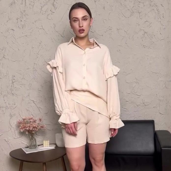 2025 Summer Women’s Turn-Down Collar Long Sleeve Shirt & High Waist Shorts Set M бежевий
2025 Summer Women’s Turn-Down Collar Long Sleeve Shirt & High Waist Shorts Set M бежевий