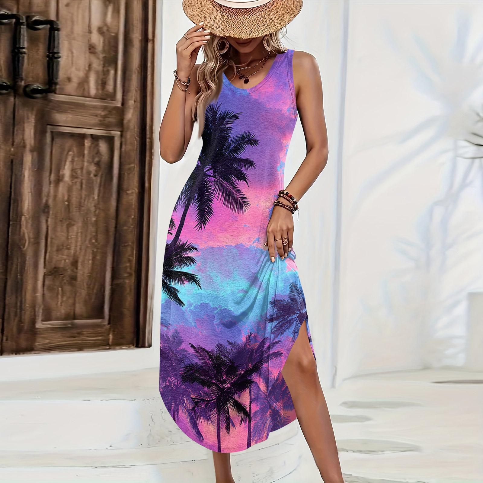 Women Sleeveless Casual Maxi Dress Loose Fit Hawaiian Print Long Summer Dress with Side Slit Beachwear Vacation Dress XS фіолетовий
Women Sleeveless Casual Maxi Dress Loose Fit Hawaiian Print Long Summer Dress with Side Slit Beachwear Vacation Dress XS фіолетовий