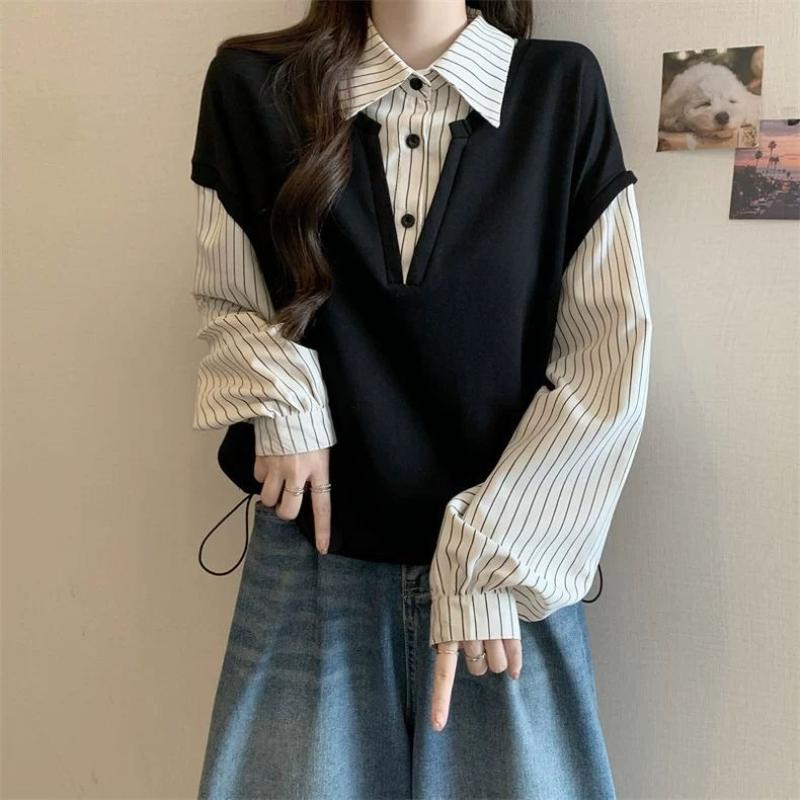 Women Fake Two-piece Spliced Vest Lazy Style Loose Turn-down Collar Striped Shirt Autumn Minimalist Versatile Female Tops 3XL чорний
Women Fake Two-piece Spliced Vest Lazy Style Loose Turn-down Collar Striped Shirt Autumn Minimalist Versatile Female Tops 3XL чорний