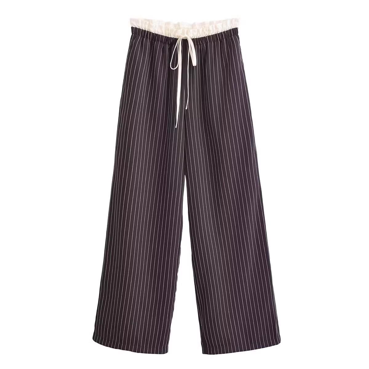 2024 Осень Женские Универсальные Брюки в Полоску Двухслойные с Завязкой на Талии Extra Small чёрный