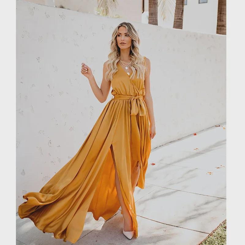 2020 Summer Women s Bohemian V-Neck Solid Color Sleeveless High Slit Maxi Dress Medium (M) жовтий
2020 Summer Women s Bohemian V-Neck Solid Color Sleeveless High Slit Maxi Dress Medium (M) жовтий