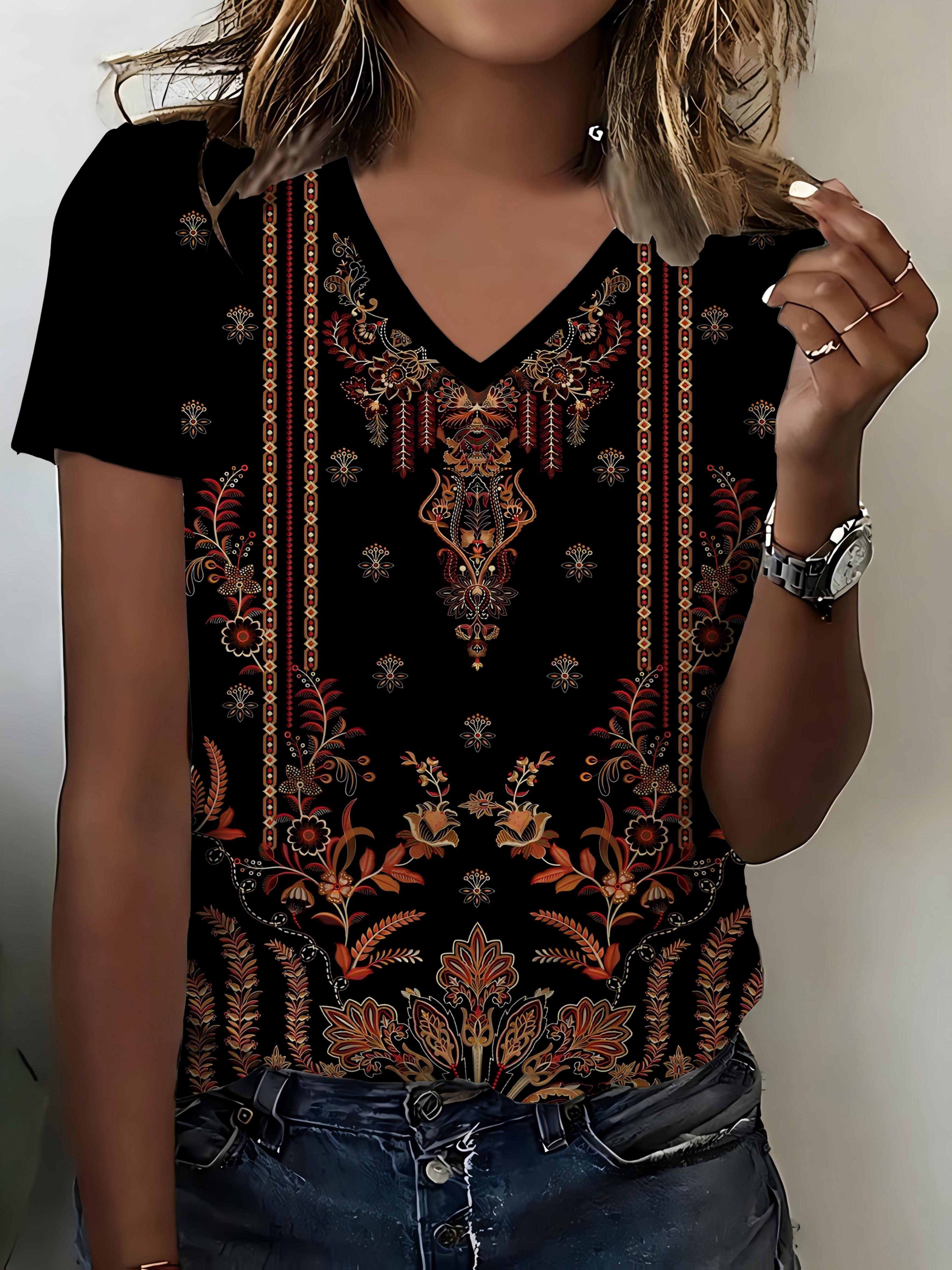 Retro ethnic style exotic flower totem print black V-neck short sleeved T-shirt for women s daily outings, leisure commuting, dating, versatile top 8XL
Retro ethnic style exotic flower totem print black V-neck short sleeved T-shirt for women s daily outings, leisure commuting, dating, versatile top 8XL
