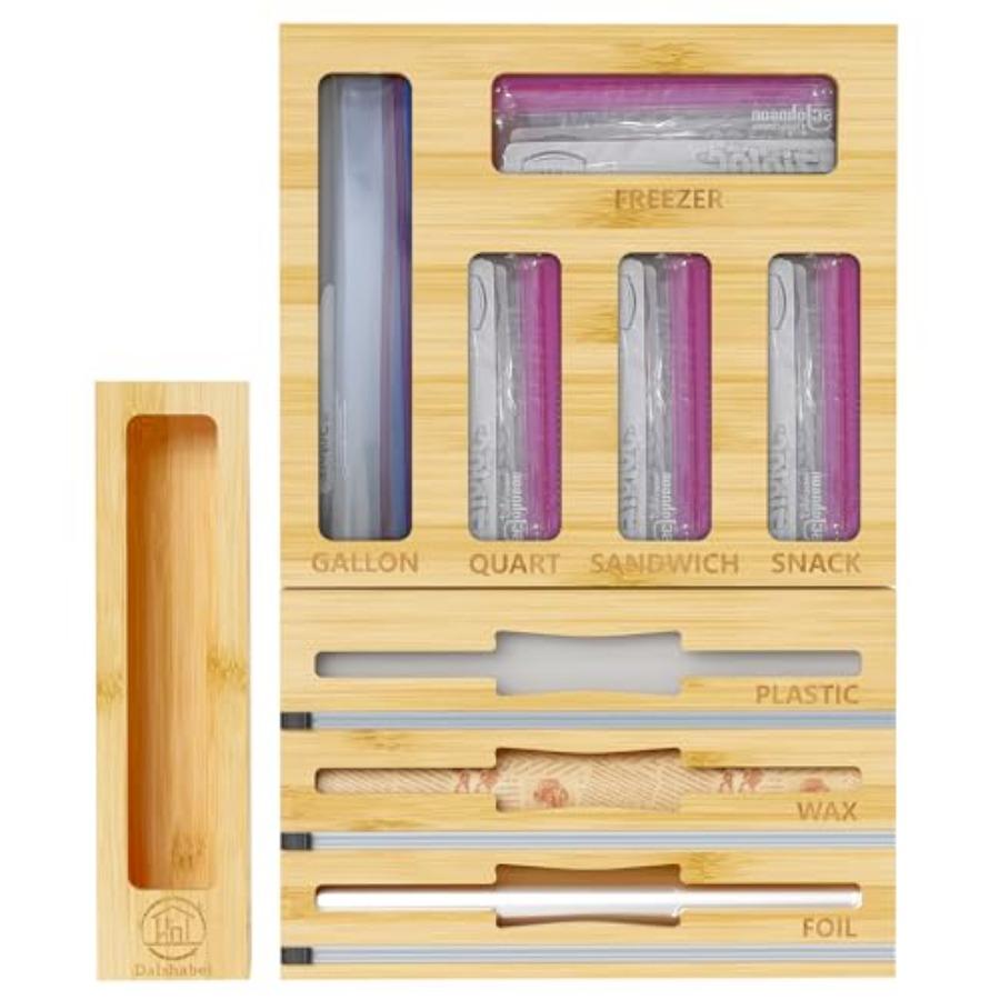 9 IN1 Bamboo Storage Bag Drawer Organizer with Cutter Foil and Plastic Wrap Dispenser for Kitchen Storage Compatible with All B United States
9 IN1 Bamboo Storage Bag Drawer Organizer with Cutter Foil and Plastic Wrap Dispenser for Kitchen Storage Compatible with All B United States