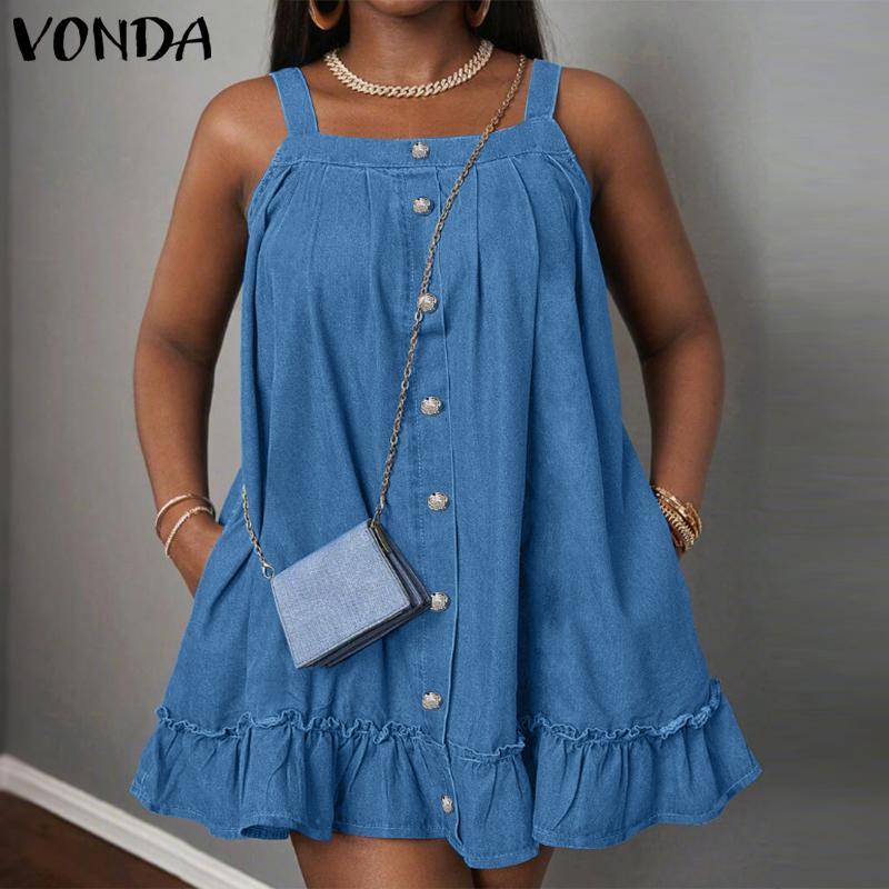 VONDA Summer Women Strap Sleeveless Solid Color Lotus Leaf Hem Casual Thin Mini Dress M синій
VONDA Summer Women Strap Sleeveless Solid Color Lotus Leaf Hem Casual Thin Mini Dress M синій