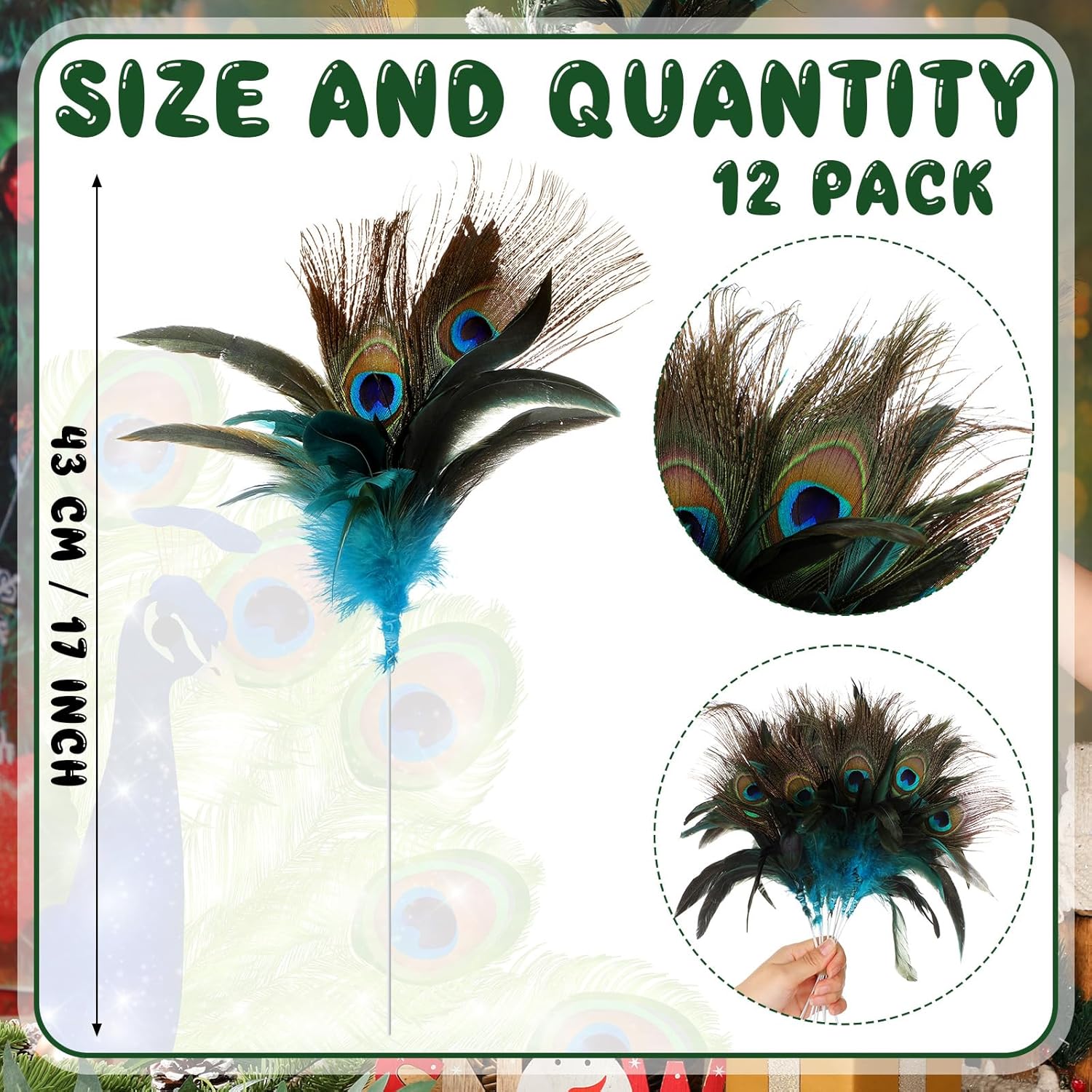 12 Pcs 11.8 Christmas Tree Peacock Feather Decorations for Trees, Wreaths, Vases – Xmas, Wedding, Party Home Decor 0.6M
12 Pcs 11.8 Christmas Tree Peacock Feather Decorations for Trees, Wreaths, Vases – Xmas, Wedding, Party Home Decor 0.6M