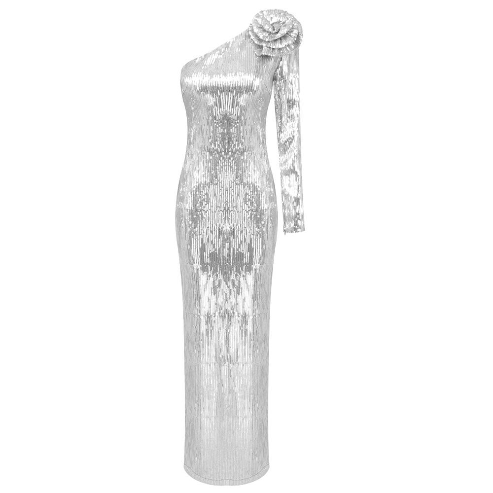 Elegant European & American One-Shoulder Sequin Party Dress with Flower Design M срібний
Elegant European & American One-Shoulder Sequin Party Dress with Flower Design M срібний
