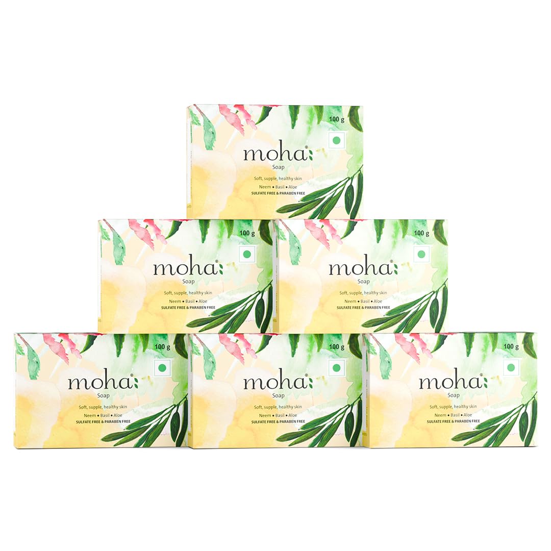 Moha Herbal Bathing Soap with Neem, Tulsi & Aloe For Daily Use, Gentle Cleansing For Dry Skin, Hydrating Natural Body Soap 100gm X Pack Of 6
Moha Herbal Bathing Soap with Neem, Tulsi & Aloe For Daily Use, Gentle Cleansing For Dry Skin, Hydrating Natural Body Soap 100gm X Pack Of 6
