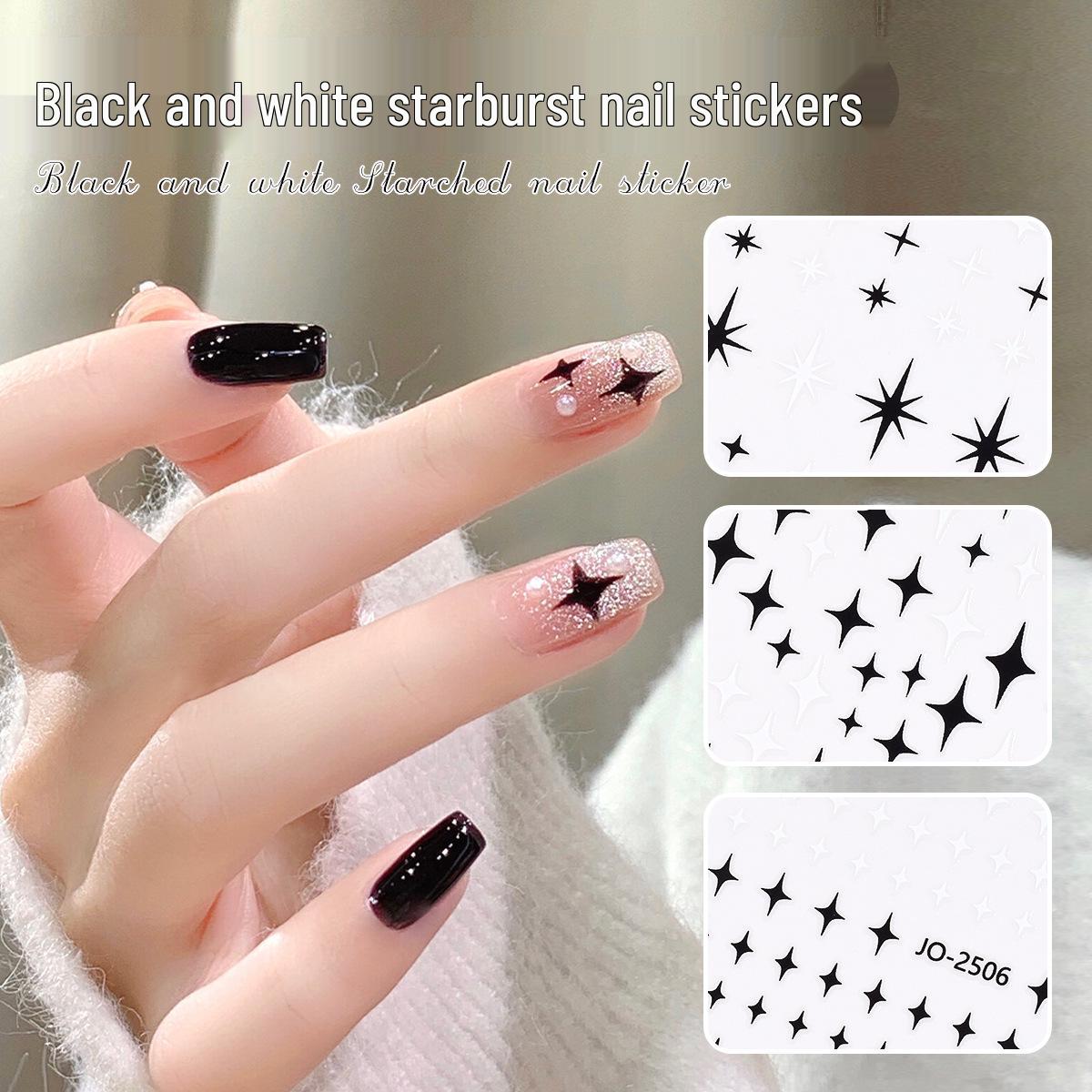 Starburst Nail Stickers: Black & White Five-Pointed Stars, Hearts, Bowknots, Small Patterns.
Starburst Nail Stickers: Black & White Five-Pointed Stars, Hearts, Bowknots, Small Patterns.