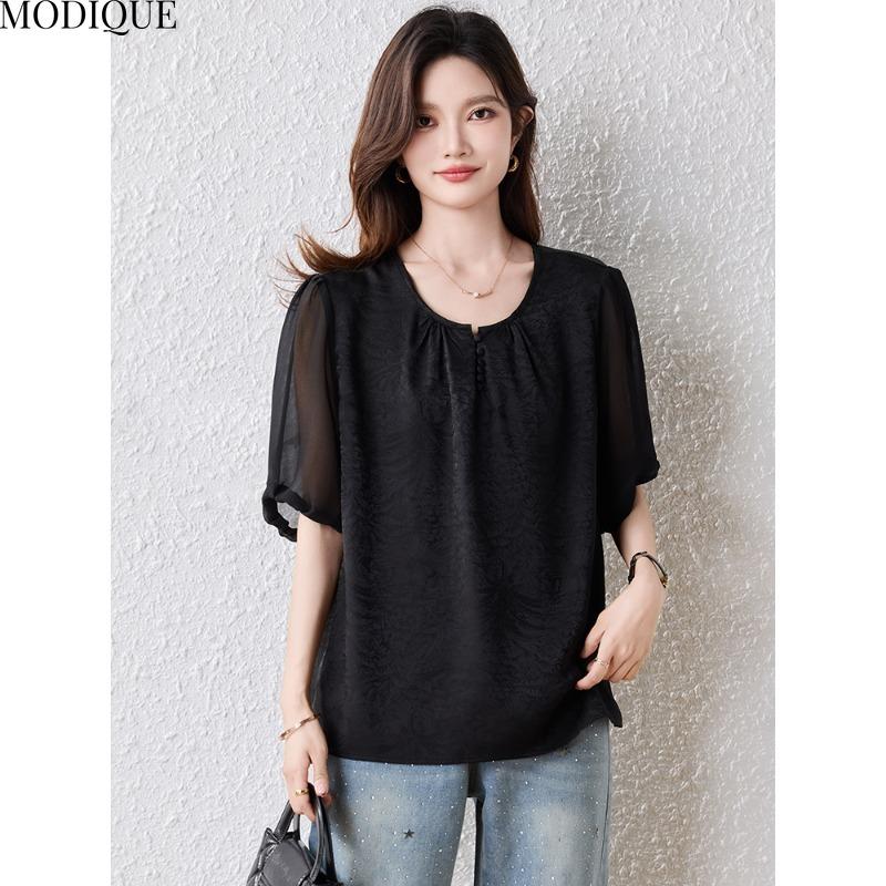 MODIQUE Весна Лето Большой Размер Новая Женская Свободная Винтажная Шифоновая Однотонная Черная Блузка Рубашки Женская Повседневная Оверсайз Базовая С Коротким Рукавом Круглый Вырез Топ 5XL чёрный