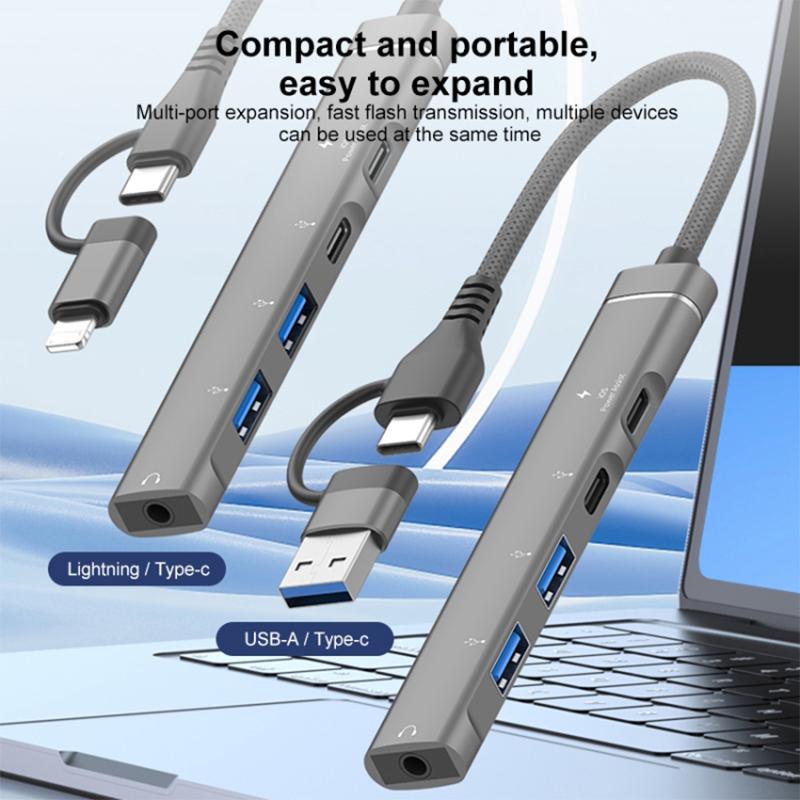 Type-C/USB-A 5-in-1 USB Hub Type-C Charging+Type-C Data+2xUSB+3.5mm Headset Jack Adapter Silver
Type-C/USB-A 5-in-1 USB Hub Type-C Charging+Type-C Data+2xUSB+3.5mm Headset Jack Adapter Silver