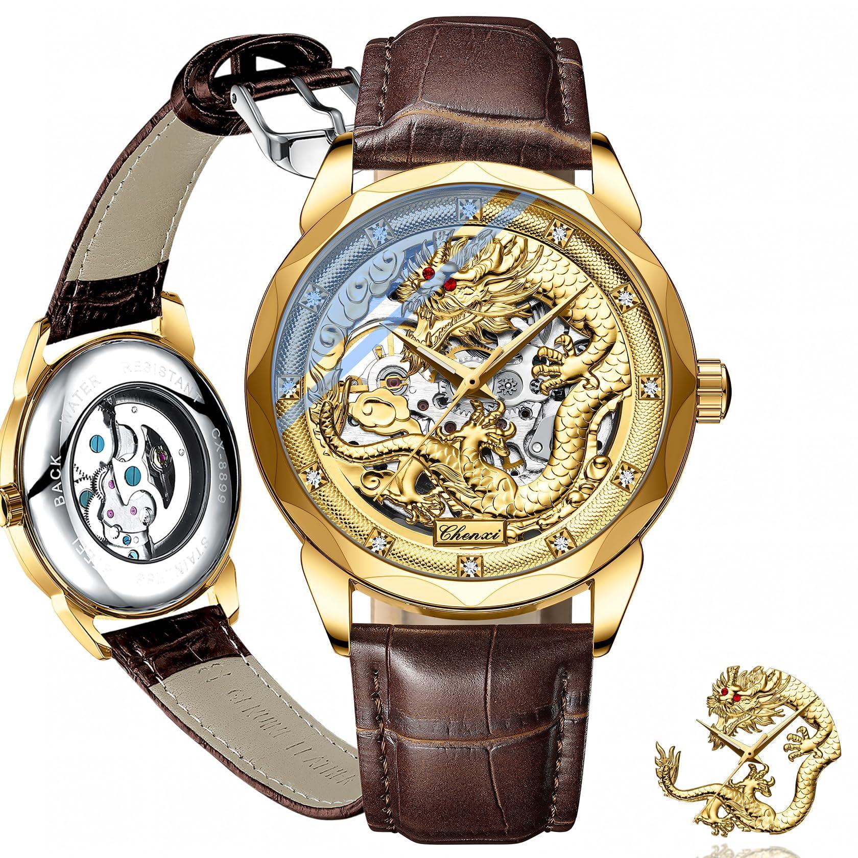 CHENXI Luxury Golden Skeleton Dial Automatic Mechanical Watch Chinese Nation Culture and Art 3D Embossed Dragon Pattern Watches золотий/коричневий
CHENXI Luxury Golden Skeleton Dial Automatic Mechanical Watch Chinese Nation Culture and Art 3D Embossed Dragon Pattern Watches золотий/коричневий