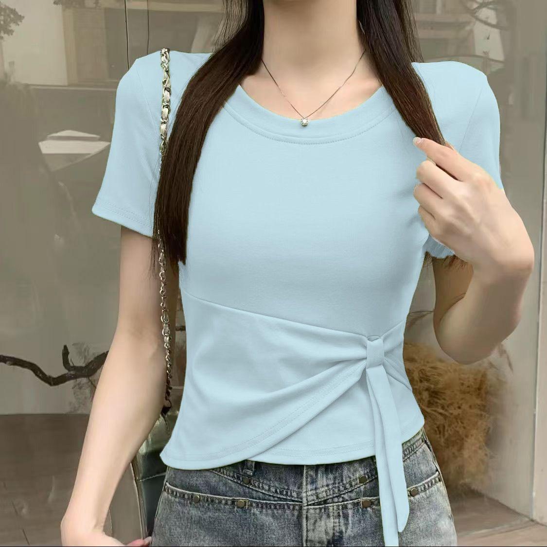 Women s Solid Color Slim Fit T-shirt Casual Short Sleeve Crew Neck Tie Waist Crop Top Summer Basic Tee S синій
Women s Solid Color Slim Fit T-shirt Casual Short Sleeve Crew Neck Tie Waist Crop Top Summer Basic Tee S синій
