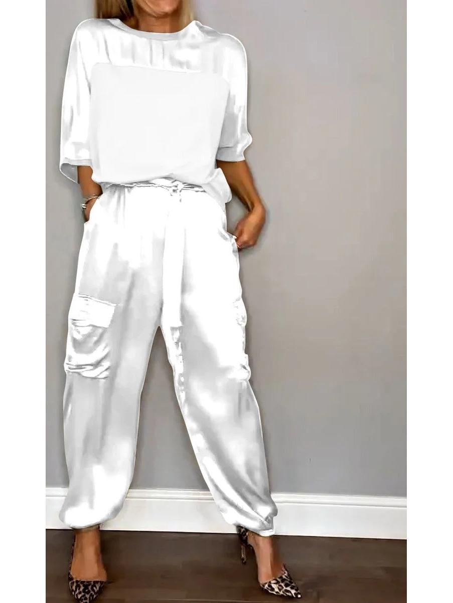 Європейський та американський жіночий атласний комплект з двох предметів: топ з рукавом три чверті та штани, модна колекція 2024 S білий
Європейський та американський жіночий атласний комплект з двох предметів: топ з рукавом три чверті та штани, модна колекція 2024 S білий