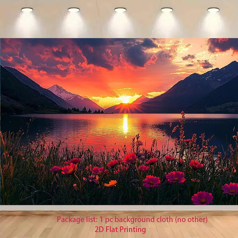2D Colorful Mountain Sunset Banner, Lake Reflection with Red Floral Foreground 47.2x31.5inch/120*80cm
2D Colorful Mountain Sunset Banner, Lake Reflection with Red Floral Foreground 47.2x31.5inch/120*80cm