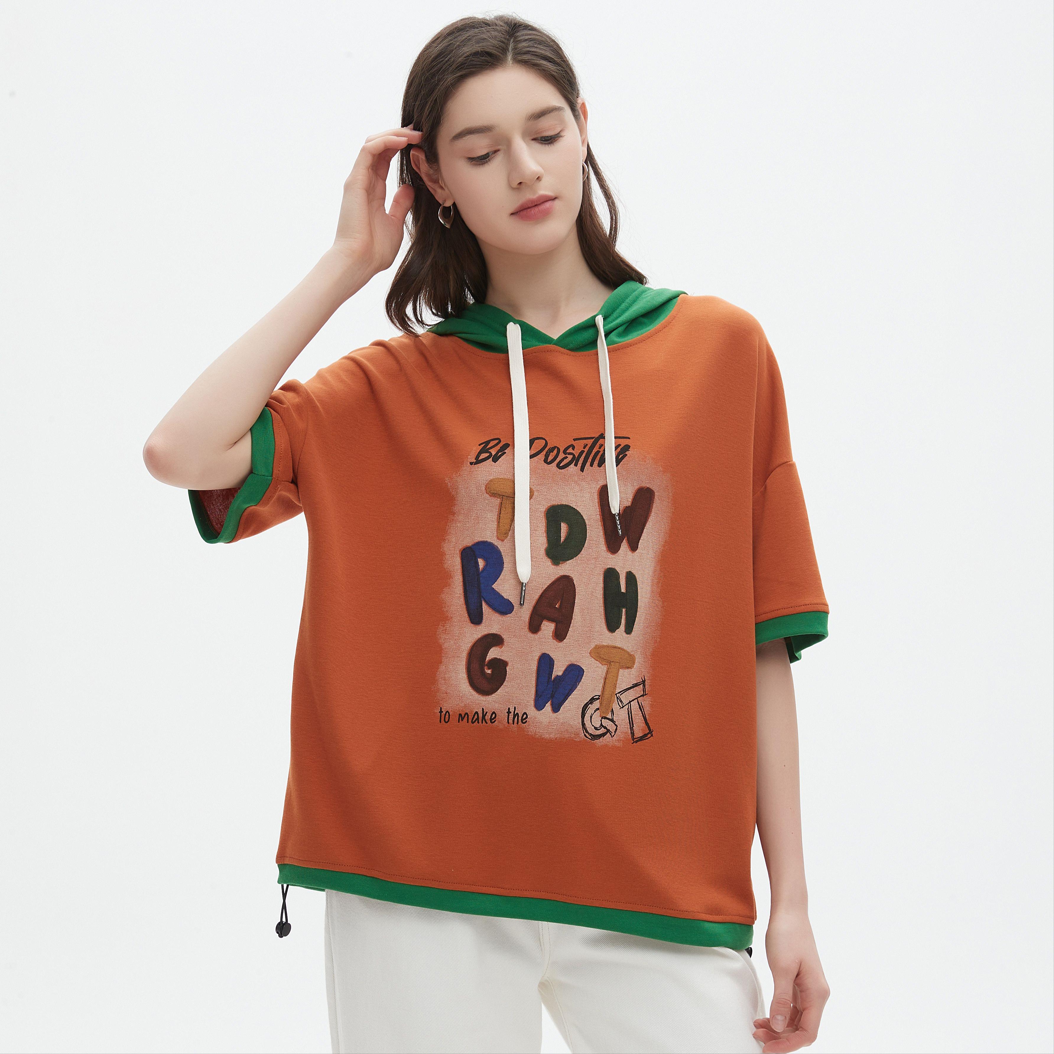 DIMANAF 2025 Летняя футболка женская с капюшоном и принтом букв, свободная, с коротким рукавом, белая, черная One size оранжевый