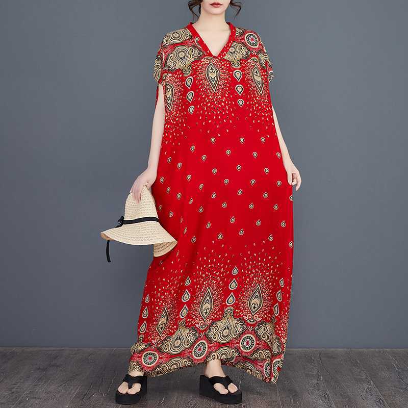 Настоящее пятно рукав летучая мышь свободный хлопок шелк напечатанный бохо платье воротник халат женщины one size fits all красный