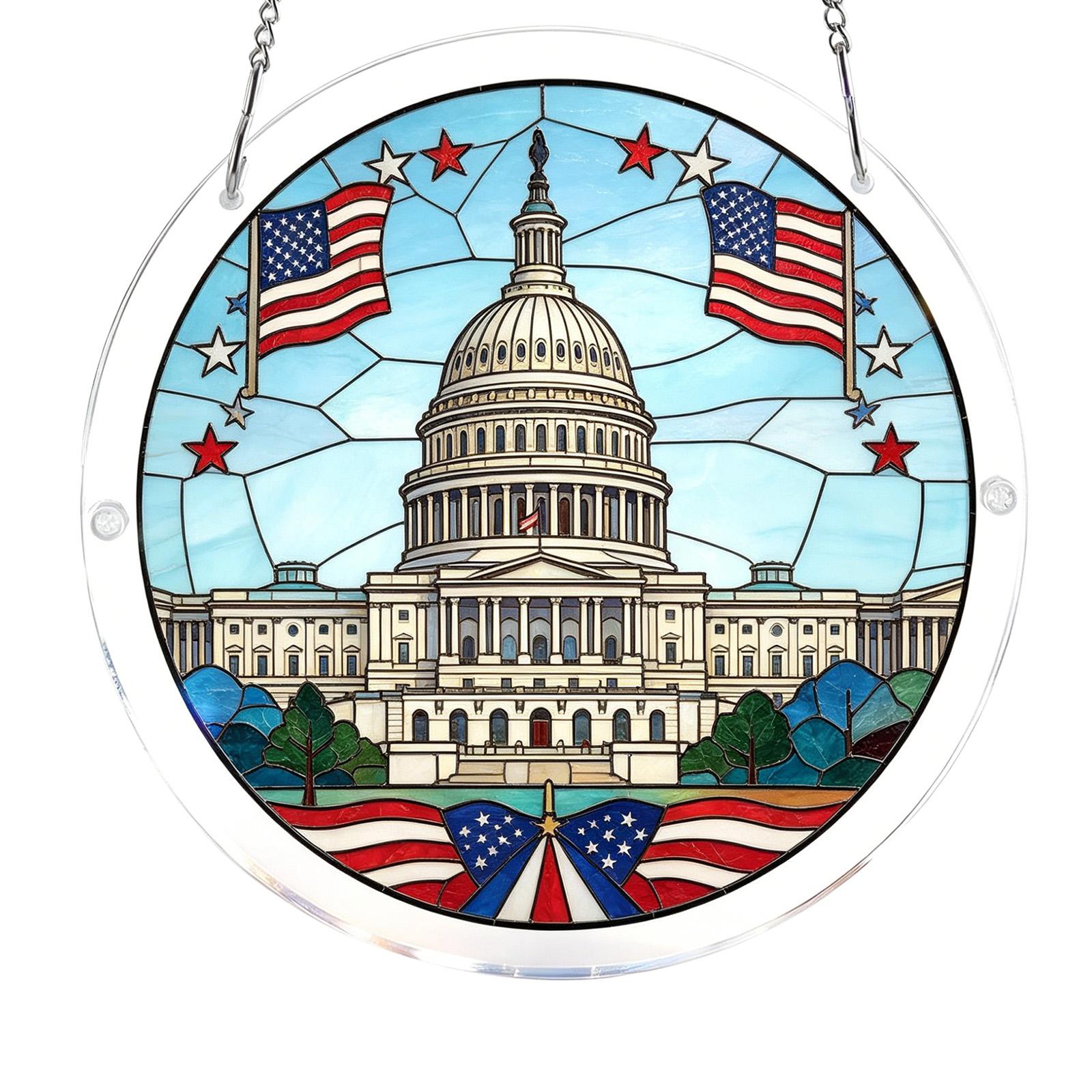 Round Stained Glass Style Hanging Panel with Capitol Building and Flag Pattern for Window or Wall Decoration One Size
Round Stained Glass Style Hanging Panel with Capitol Building and Flag Pattern for Window or Wall Decoration One Size