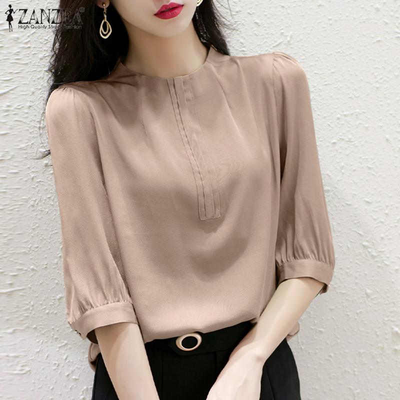ZANZEA Летняя повседневная женская блузка с круглым вырезом и половиной рукава