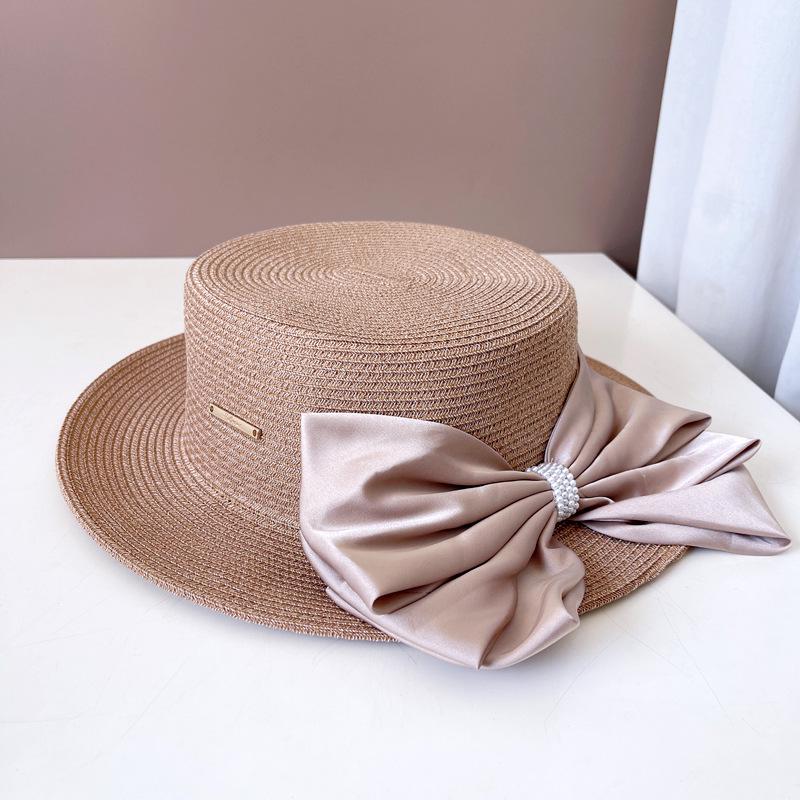 Ins шикарная летняя жемчужная шляпа с большим бантом и травой, праздничная панама, женская шляпа-федора, женская шляпа для отдыха, джазовая шляпа head size 57cm