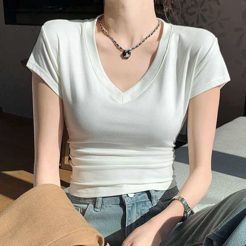 Front shoulder V-neck short-sleeved T-shirt women s summer new Korean pure desire bottoming slim and thin women s black top S
Front shoulder V-neck short-sleeved T-shirt women s summer new Korean pure desire bottoming slim and thin women s black top S