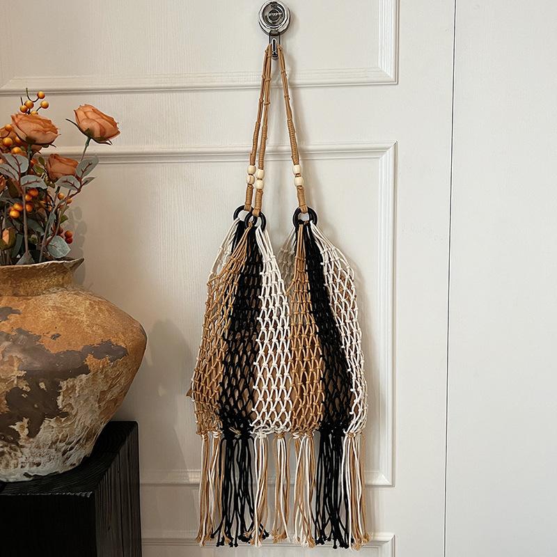 Ленивая плетеная хлопковая веревка с бахромой, портативная на плечо, пляжная, для отпуска, нишевая, для отдыха, сумка-тоут, ажурная чёрный