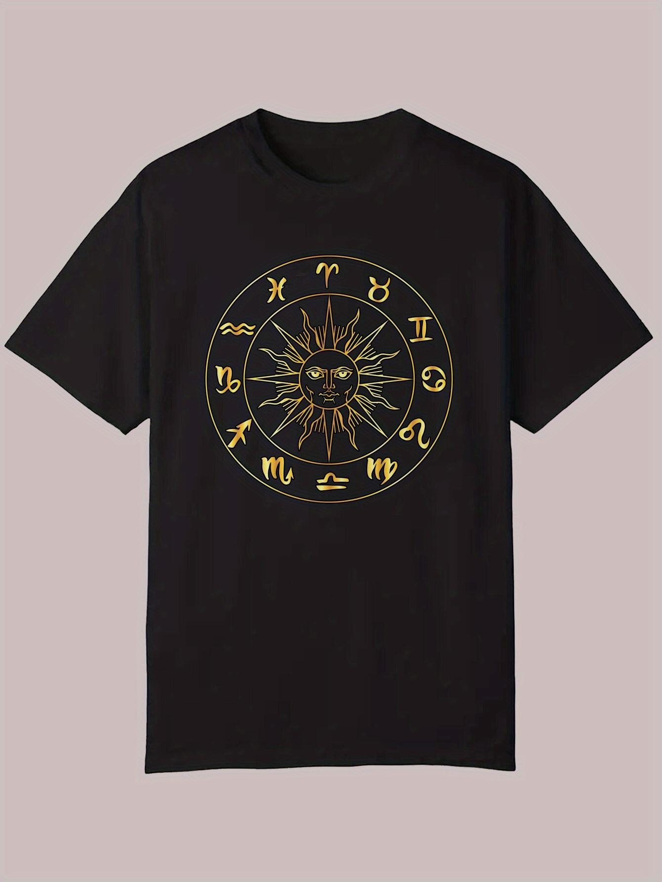 Summer Casual Short Sleeve T-shirt - Black Zodiac Graphic Print with Golden Astrological Symbols S
Summer Casual Short Sleeve T-shirt - Black Zodiac Graphic Print with Golden Astrological Symbols S