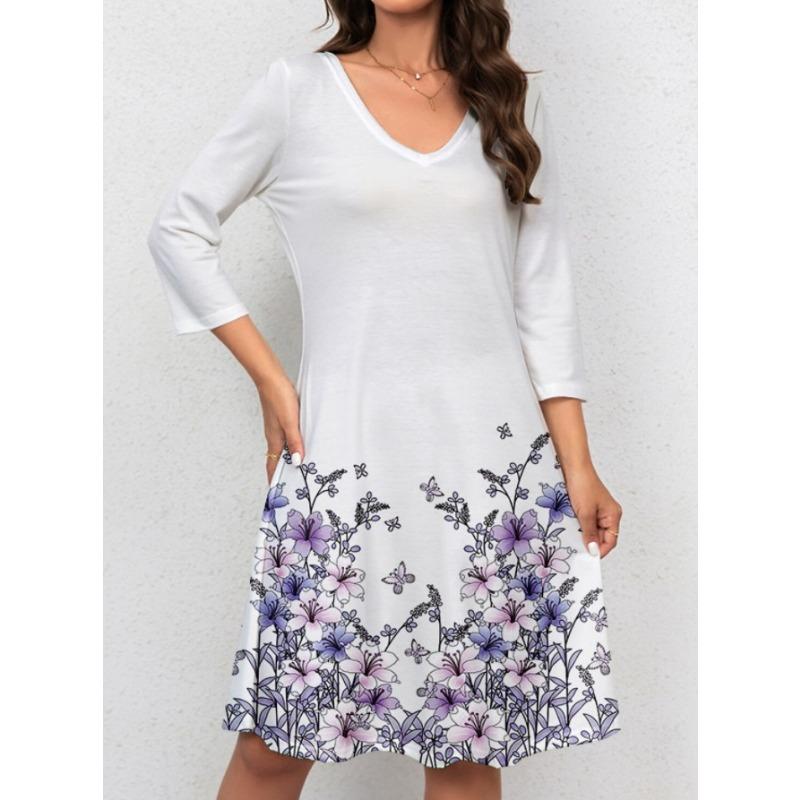 YYFS Женская мода Весна Осень Цветочный принт Длинный рукав V-образный вырез Свободная талия Повседневные платья XXXL белый