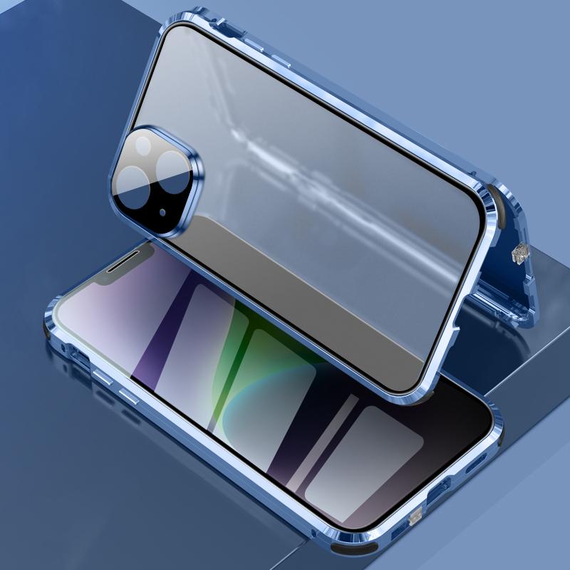 For iPhone 14 Plus Anti-fall Phone Cover Scratch-resistant Double-Sided Magnetic Metal Frame Anti-Spy Phone Case with Lock Buckle Design Blue
For iPhone 14 Plus Anti-fall Phone Cover Scratch-resistant Double-Sided Magnetic Metal Frame Anti-Spy Phone Case with Lock Buckle Design Blue