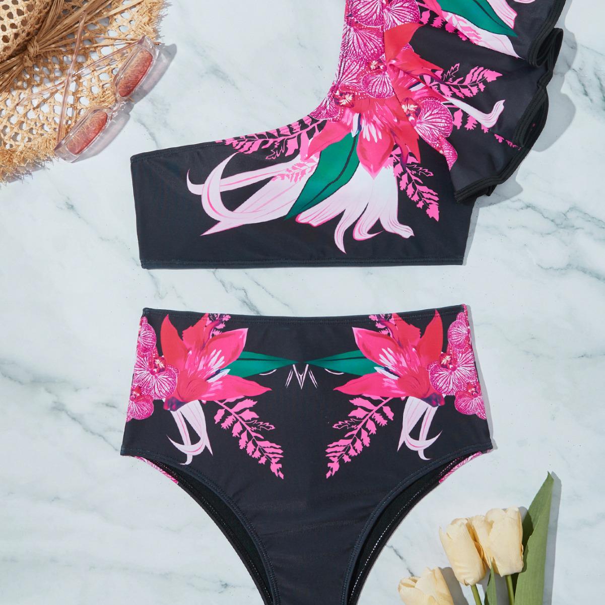 European & American Women s One-Shoulder Flutter Sleeve Floral Bikini Set Small чорний
European & American Women s One-Shoulder Flutter Sleeve Floral Bikini Set Small чорний