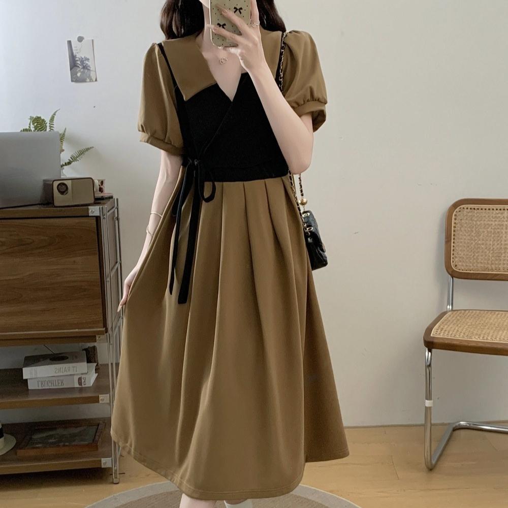 French Style short sleeve V-neck Color stitching long Dress young girl Summer fashion Waist-Fitte casual loose dresses For Women XXXL
French Style short sleeve V-neck Color stitching long Dress young girl Summer fashion Waist-Fitte casual loose dresses For Women XXXL