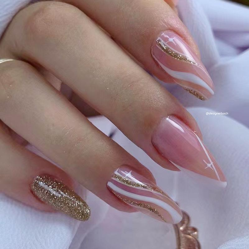 Long Almond White Press-on Nails with Geometric Lines and Gold Glitter, Minimalist Style
Long Almond White Press-on Nails with Geometric Lines and Gold Glitter, Minimalist Style