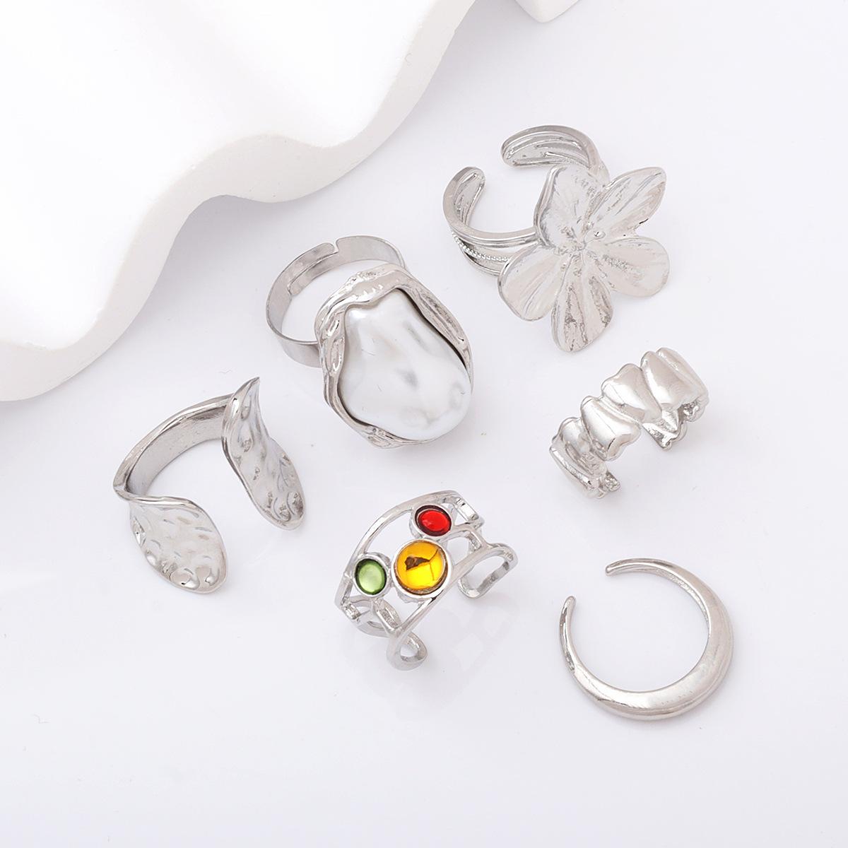 6pcs Set Personality Trend Liquid Metal Lava Flower Baroque Imitation Pearl Zircon Opening Rings for Women Jewelry Sets Gifts resizable
6pcs Set Personality Trend Liquid Metal Lava Flower Baroque Imitation Pearl Zircon Opening Rings for Women Jewelry Sets Gifts resizable
