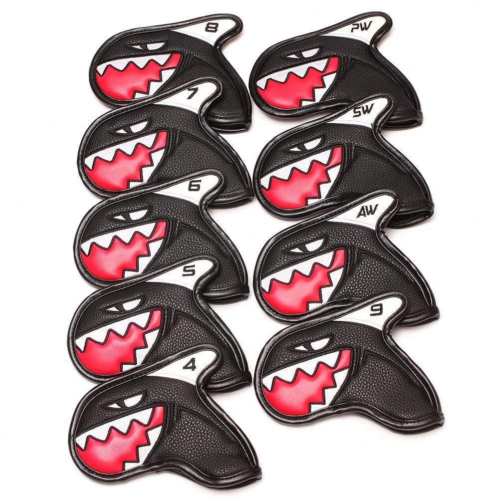 Shark Pattern Golf Iron Covers, 9-Piece Set (Black) for Clubs 4-9, PW, AW, and SW
Shark Pattern Golf Iron Covers, 9-Piece Set (Black) for Clubs 4-9, PW, AW, and SW