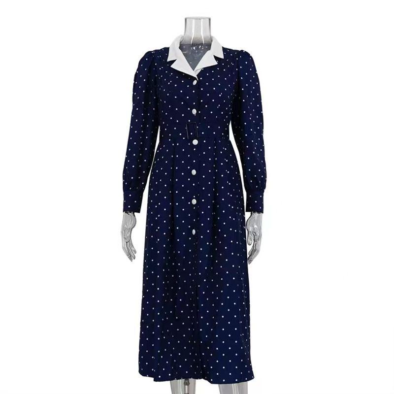 Fashion Style Elegant Polka Dot Dress Lapel Long Sleeves Single-Breasted High Waist French Dress Printed Dress Blue L
Fashion Style Elegant Polka Dot Dress Lapel Long Sleeves Single-Breasted High Waist French Dress Printed Dress Blue L