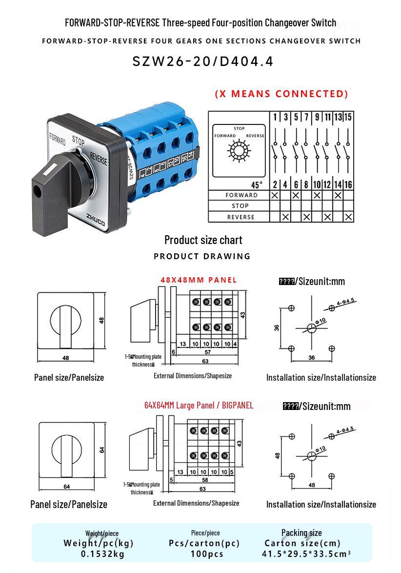 Zhuochao SZW26-20/D404.4 Universal Three-Speed Four-Section Changeover Switch 48x48 Panel
Zhuochao SZW26-20/D404.4 Universal Three-Speed Four-Section Changeover Switch 48x48 Panel