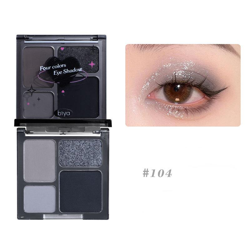 Темная четырехцветная палитра теней для век, палитра теней для век тонкого блеска в стиле панк, черно-серая, слегка пьяная, холодного цвета.