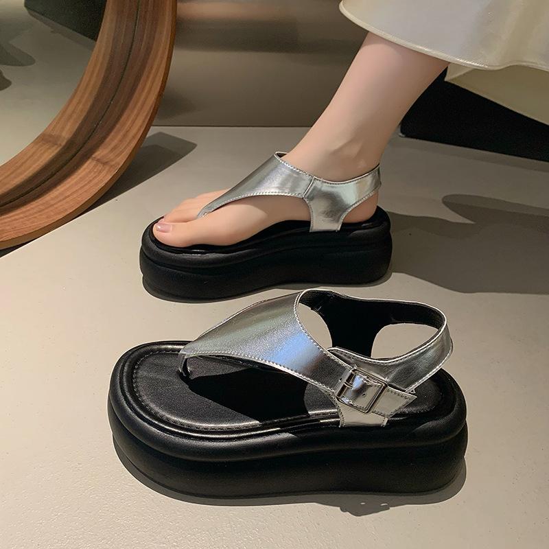 толстая подошва щипковые римские сандалии женские летние новые ретро модные верхняя одежда для отдыха на море пляжная обувь 35 серебряный
