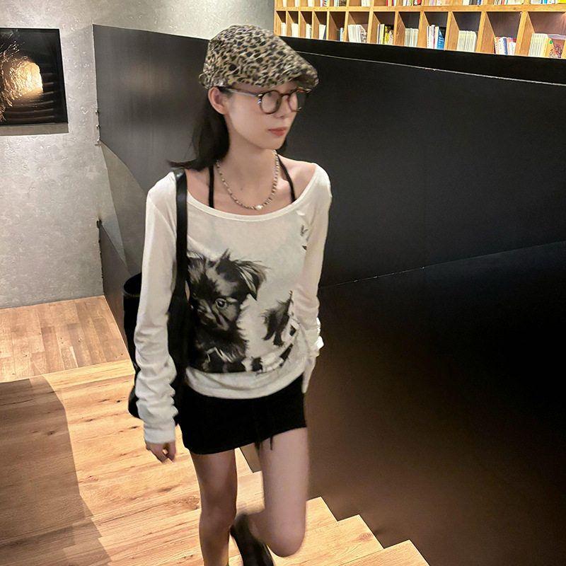 American Retro Style Puppy Print Off-Shoulder Sun Protection Long-Sleeve T-Shirt for Women Early Autumn One-Shoulder Top White S
American Retro Style Puppy Print Off-Shoulder Sun Protection Long-Sleeve T-Shirt for Women Early Autumn One-Shoulder Top White S