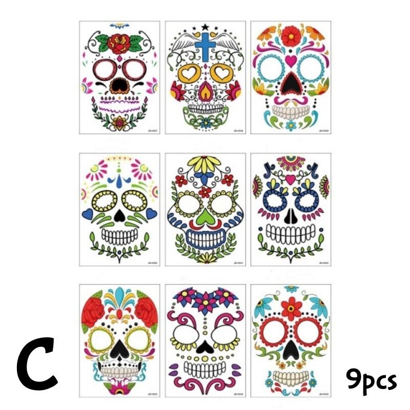 9pcs Halloween Facial Tattoo Sticker Temporary Dead Skull Pattern Fake Tattoos Makeup Stickers for Festival Party Cosplay
9pcs Halloween Facial Tattoo Sticker Temporary Dead Skull Pattern Fake Tattoos Makeup Stickers for Festival Party Cosplay