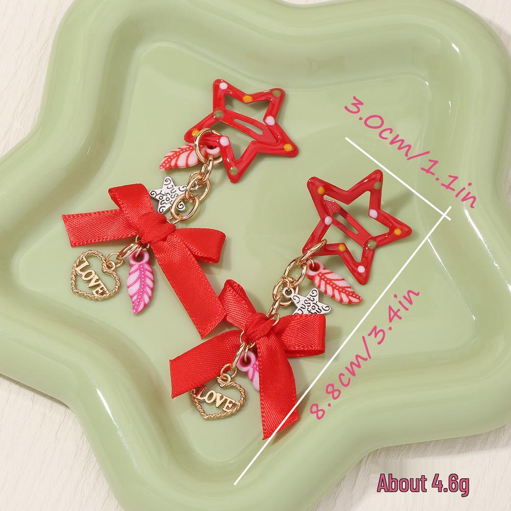 Заколка-бант для волос с подвесками в виде звезды и сердца ручной работы красный
Заколка-бант для волос с подвесками в виде звезды и сердца ручной работы красный