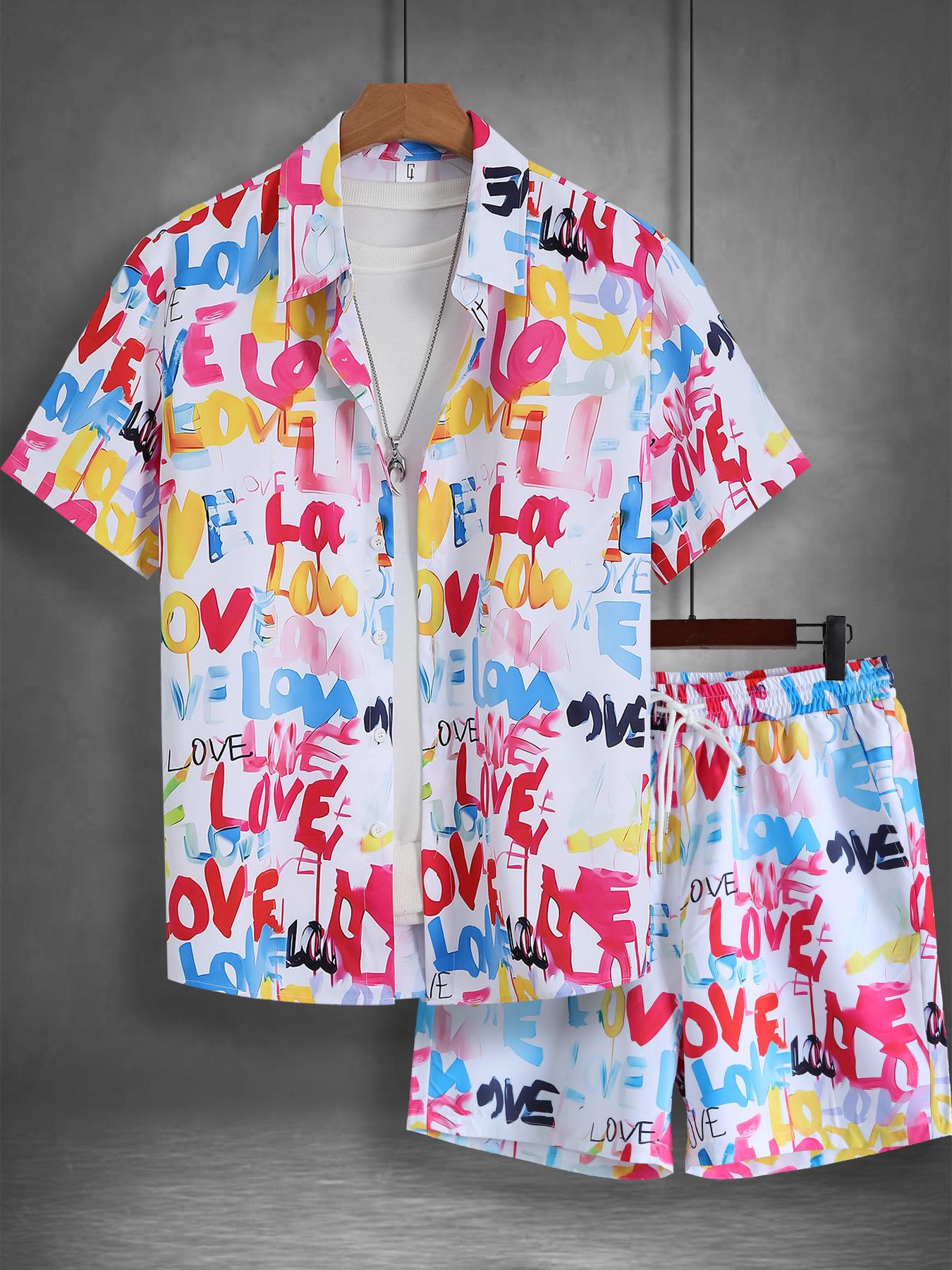 Men s Colorful Love Graffiti Print Casual Set 2 Piece Cuban Collar Short Sleeve Shirt & Drawstring Shorts Outfit S
Men s Colorful Love Graffiti Print Casual Set 2 Piece Cuban Collar Short Sleeve Shirt & Drawstring Shorts Outfit S