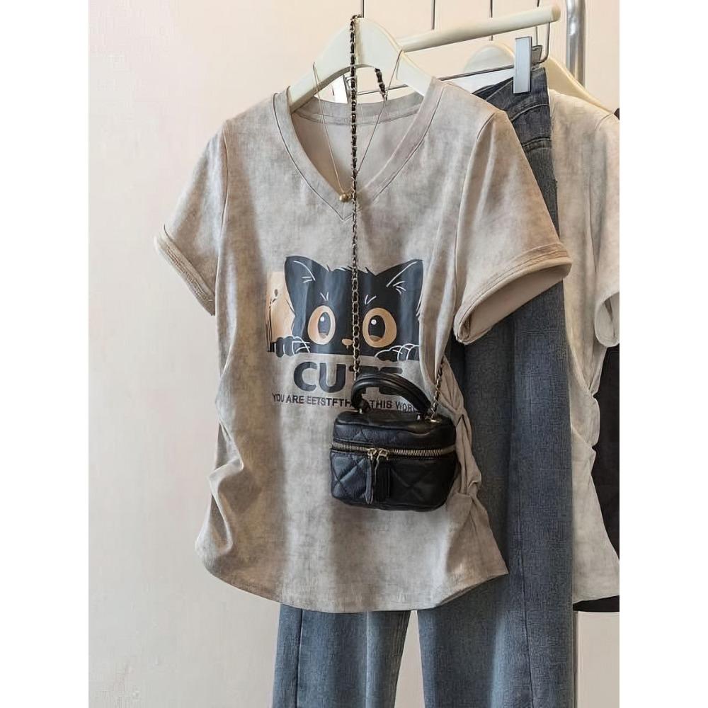 Washed Retro Cat Print Short-sleeved T-shirt Women s V-neck Oversized Shirt Summer Top Ladies Casual T-shirt S
Washed Retro Cat Print Short-sleeved T-shirt Women s V-neck Oversized Shirt Summer Top Ladies Casual T-shirt S