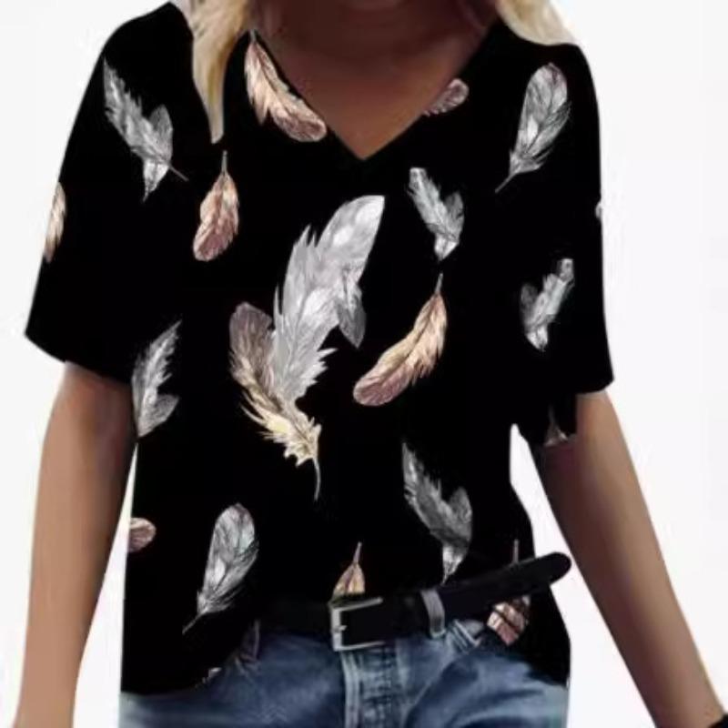 Summer V-neck 3D Feather Flower Printed Top Fashionable Casual Short Sleeved Women s T-shirts S
Summer V-neck 3D Feather Flower Printed Top Fashionable Casual Short Sleeved Women s T-shirts S