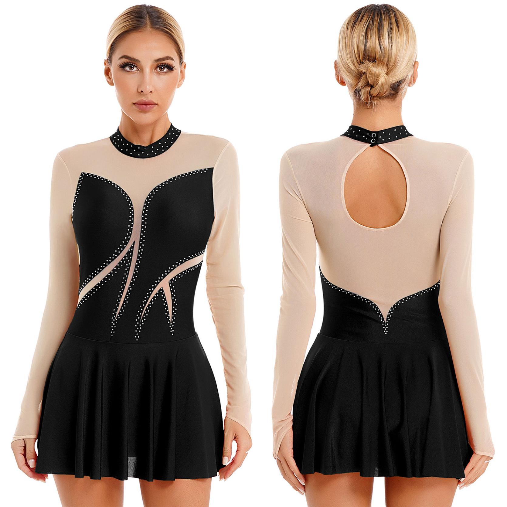 Женское платье для фигурного катания, балетная пачка для лирического танца, художественная гимнастика, трико с длинными рукавами и стразами, прозрачная сетчатая танцевальная одежда L чёрный