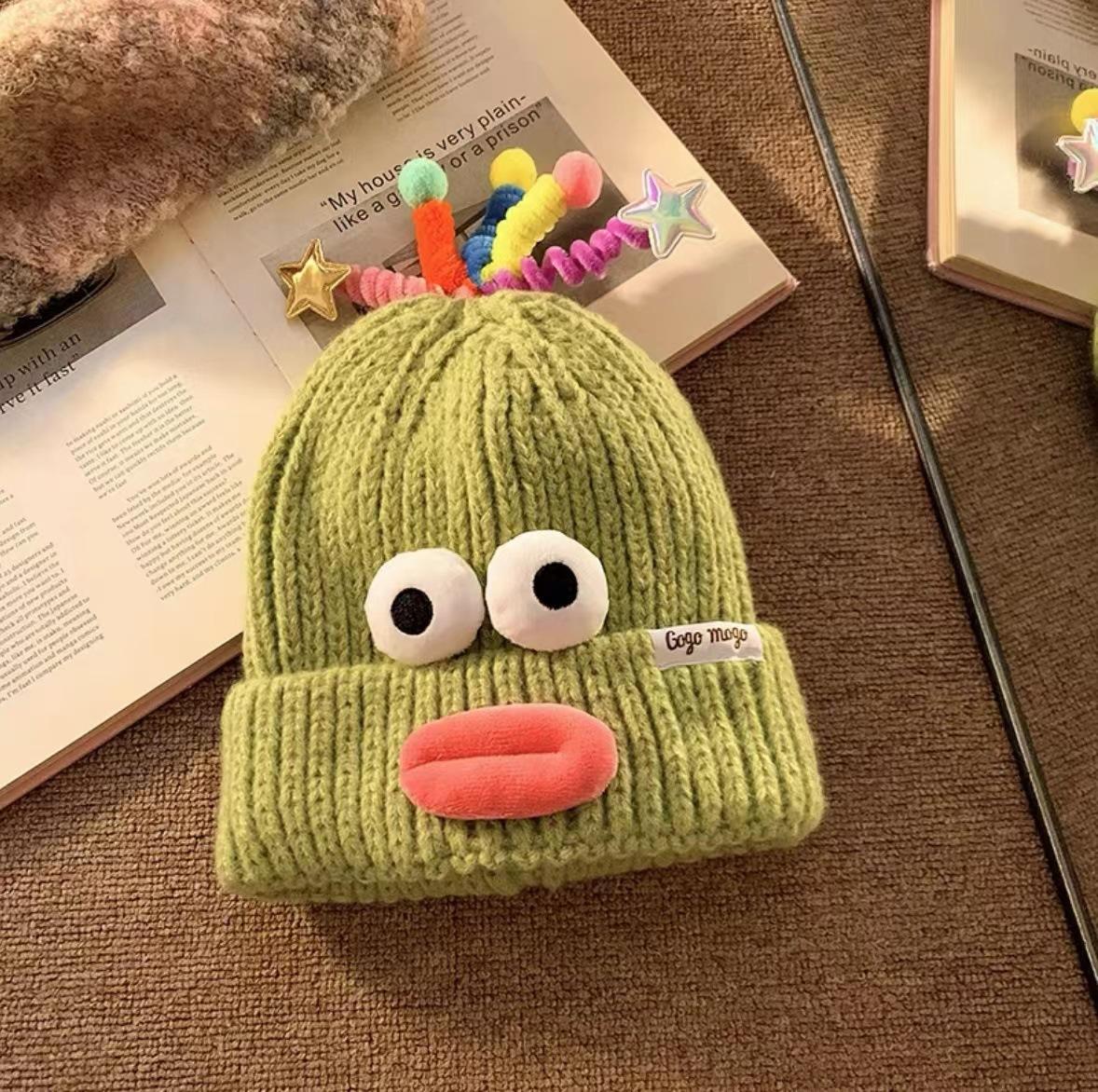 Стиль Универсальная Шляпа Милая и Смешная Большой Рот Женские Теплые Шапки Шапки Вязаные Grass Green