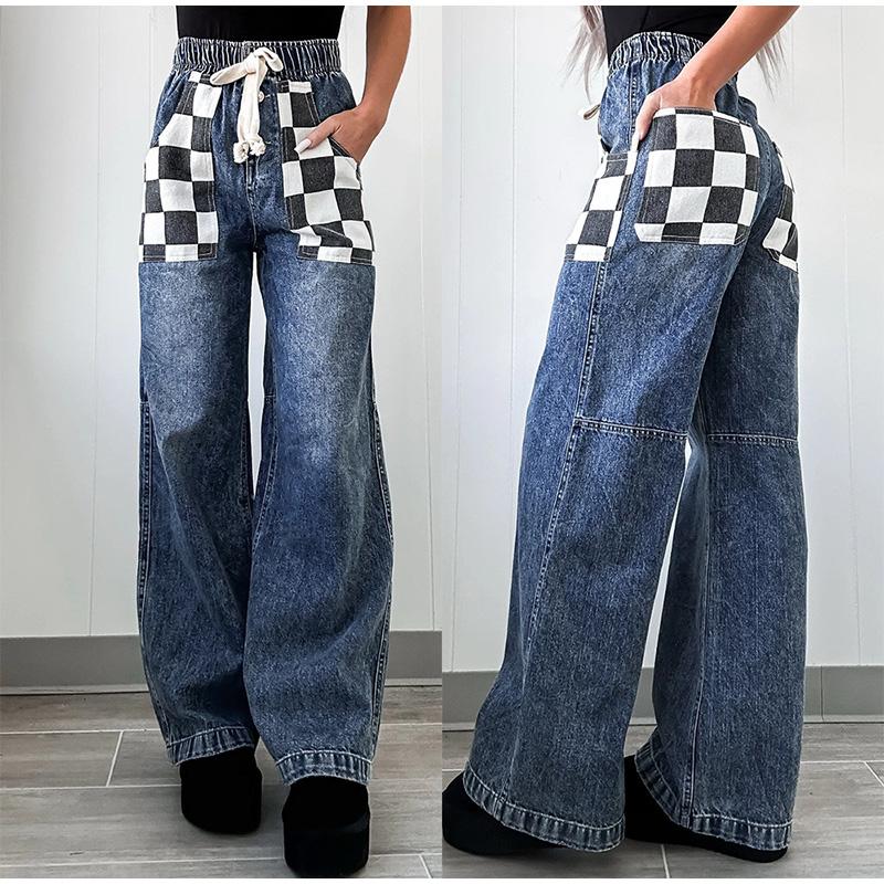 Women Jeans Wide Leg Long Pants Plaid Print Casual Lace Up Elastic Waist Straight Trousers Y2k Streetwear 2025 Mom Denim Pant XL темно-синього кольору
Women Jeans Wide Leg Long Pants Plaid Print Casual Lace Up Elastic Waist Straight Trousers Y2k Streetwear 2025 Mom Denim Pant XL темно-синього кольору