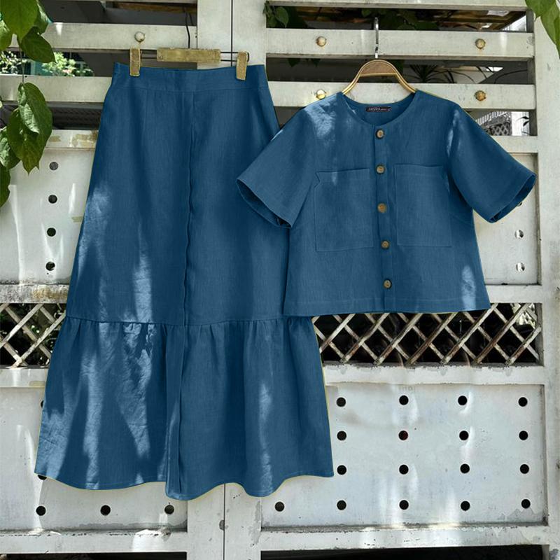 ZANZEA Женская блузка с коротким рукавом и юбки А-силуэта Повседневные костюмы-двойки L темно-синий
ZANZEA Женская блузка с коротким рукавом и юбки А-силуэта Повседневные костюмы-двойки L темно-синий