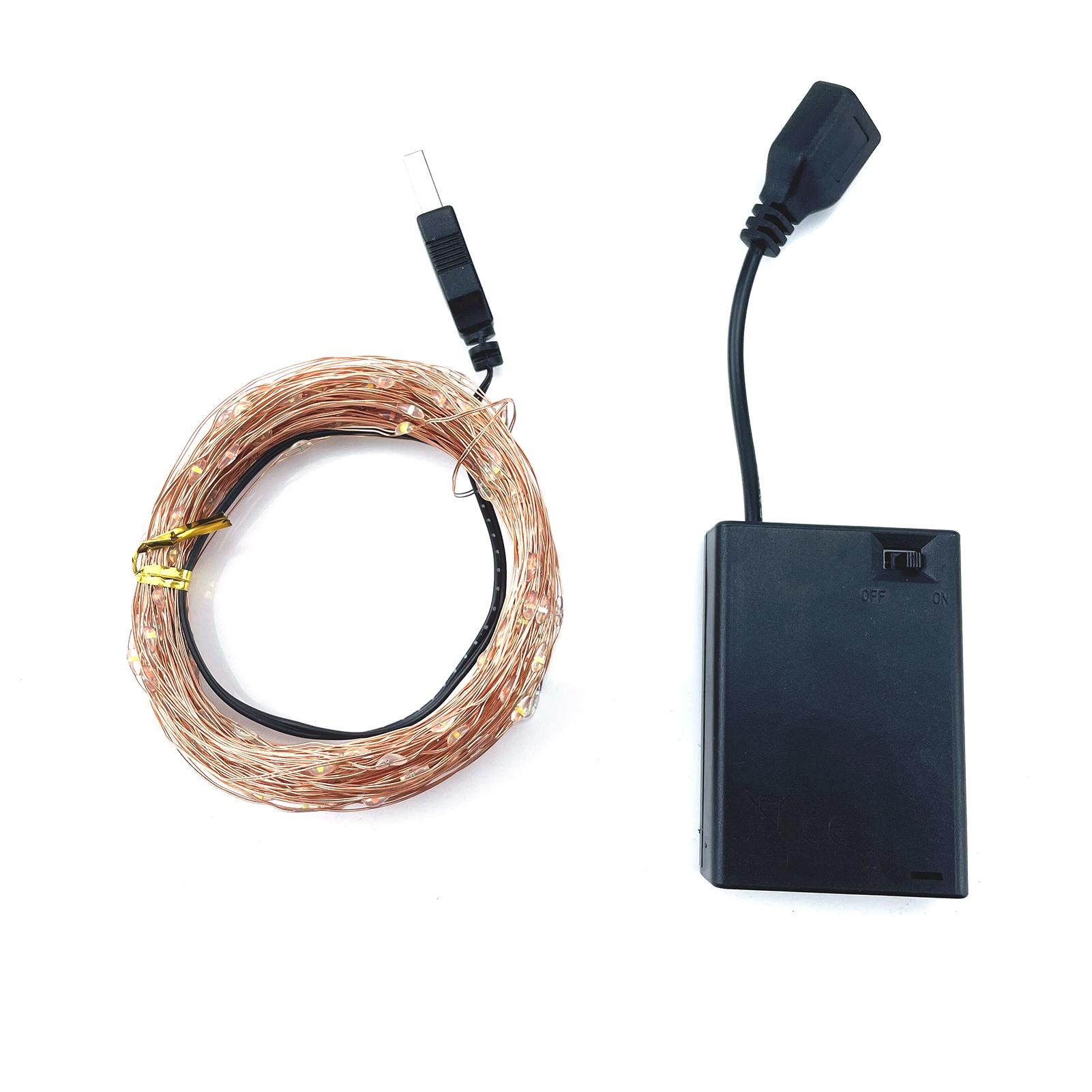 Теплый белый USB-светильник с батарейным отсеком, постоянная яркость, 200 лампочек, медная проволока 20m warm white with battery box